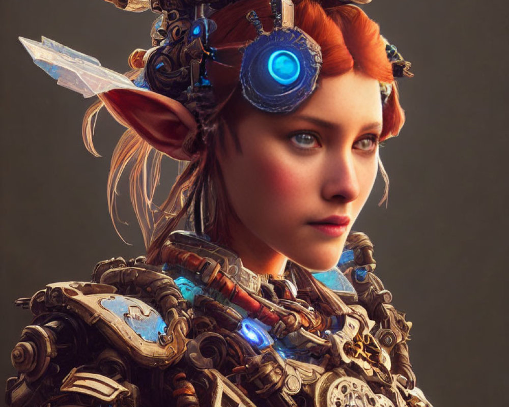 Futuristic digital artwork of female with elf ears and ornate armor