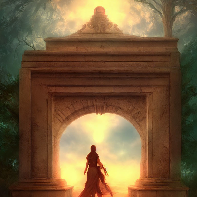 Silhouette of person with sword under archway in mystical forest sunset