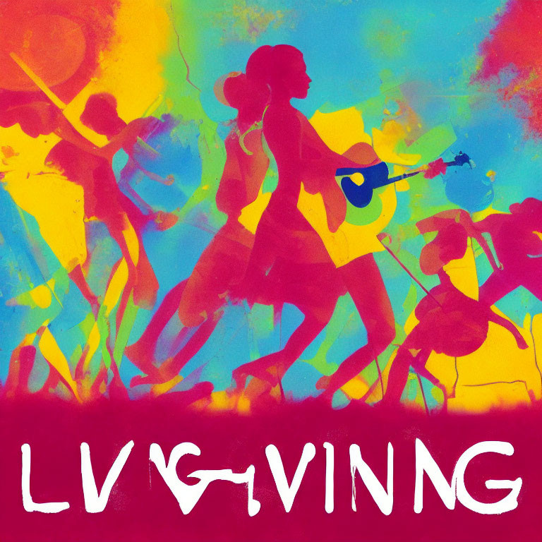 Vibrant rainbow band silhouette with "LIVING" word in foreground