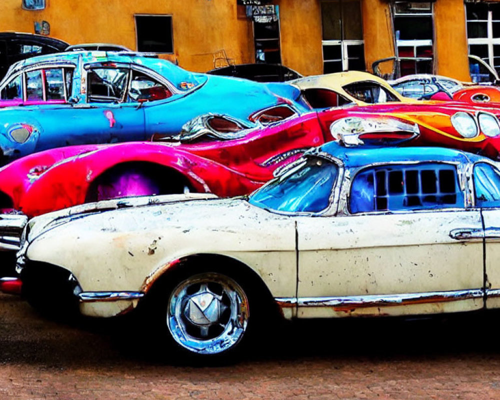 Vintage cars with vibrant paint in front of old building on cobblestone street