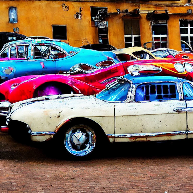 Vintage cars with vibrant paint in front of old building on cobblestone street