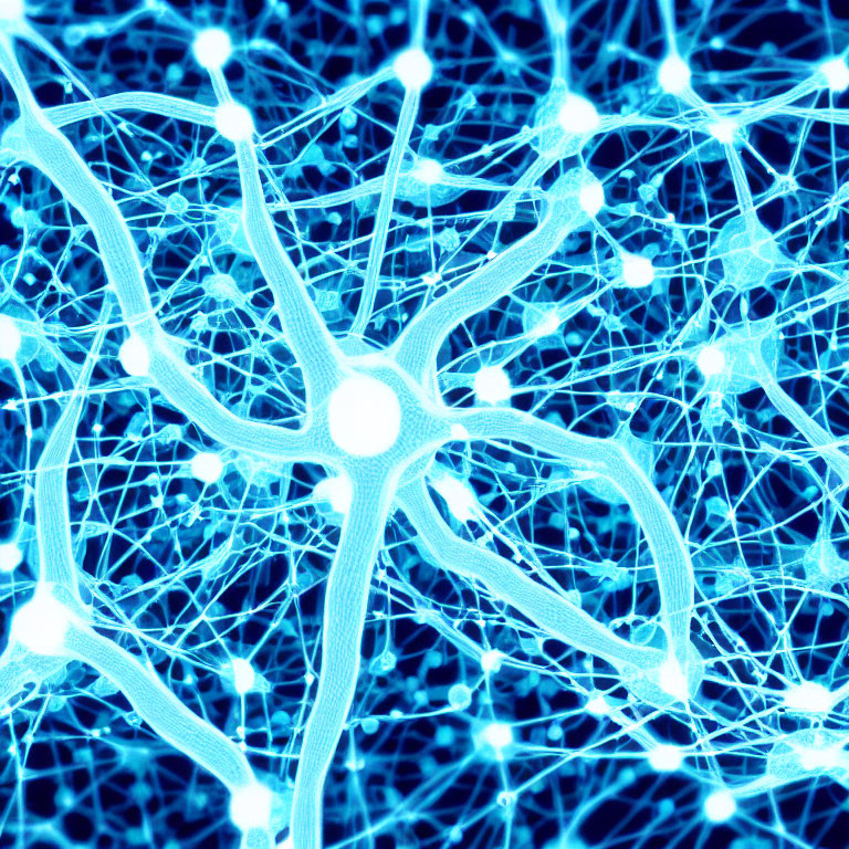 Digital illustration: Dominant neuron connected to network of interlinked nerve cells in luminescent blue tones