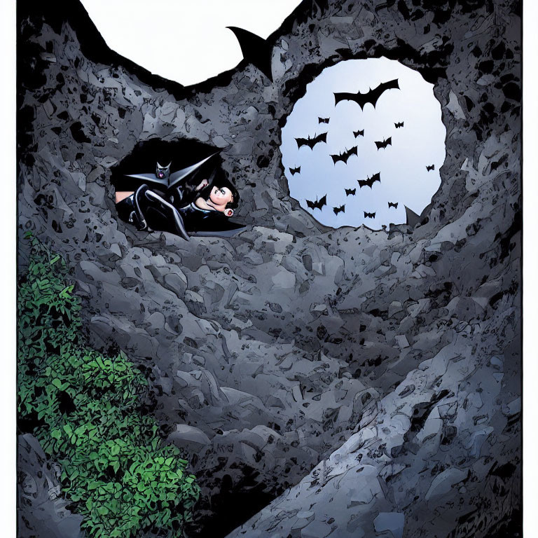 Bat-Themed Superhero in Rocky Cavern with Bat Signal Formed by Bats