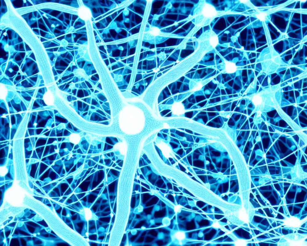 Digital illustration: Dominant neuron connected to network of interlinked nerve cells in luminescent blue tones