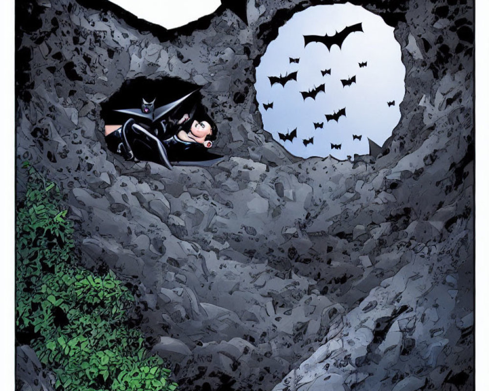Bat-Themed Superhero in Rocky Cavern with Bat Signal Formed by Bats