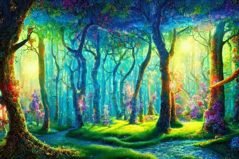Enchanted forest with twisted trees and colorful flora