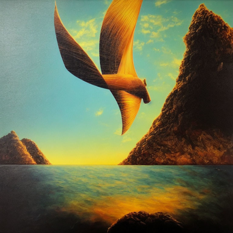 Surreal bird painting between towering cliffs at sunset