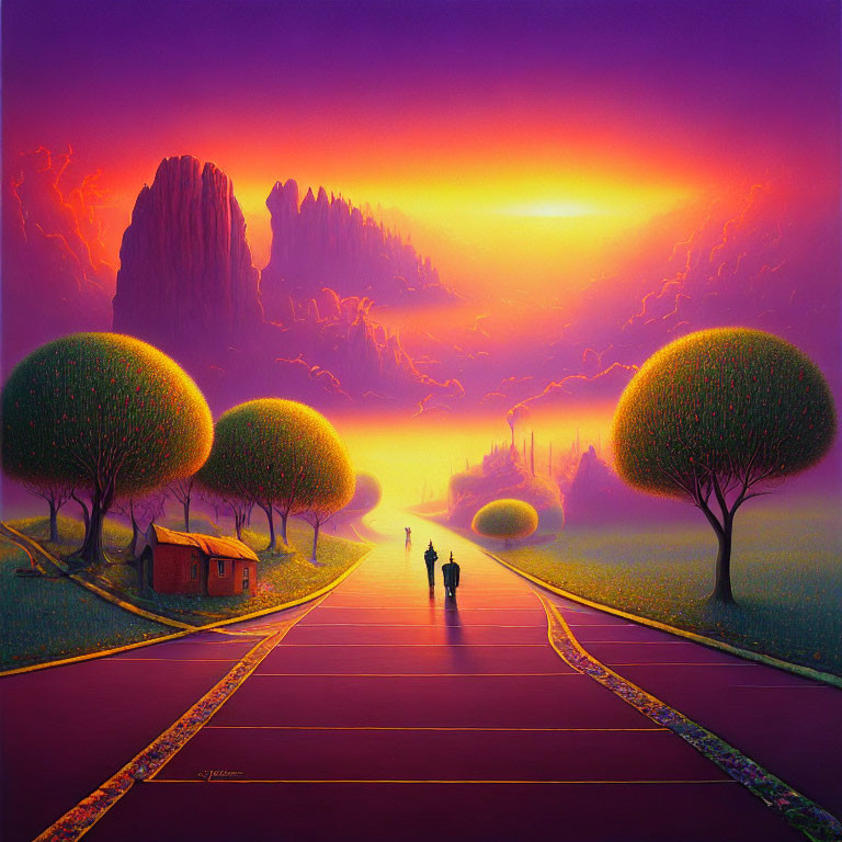 Surreal landscape with purple sky, orange sun, figures on checkerboard path, round trees,