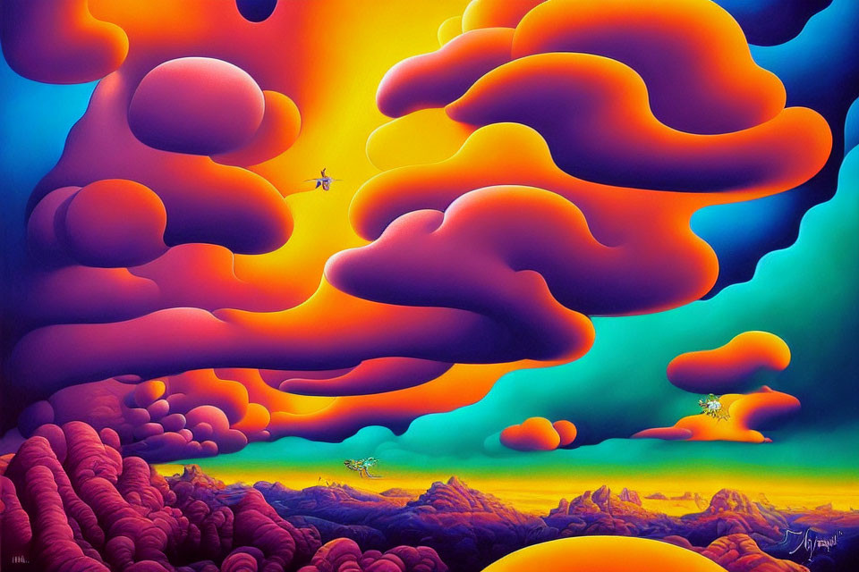 Colorful Surrealist Landscape with Cloud-like Formations and Small White Figures