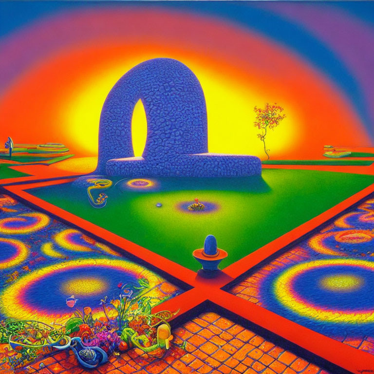 Colorful Surrealist Landscape with Stone Arch, Geometric Patterns, Tree, and Figure
