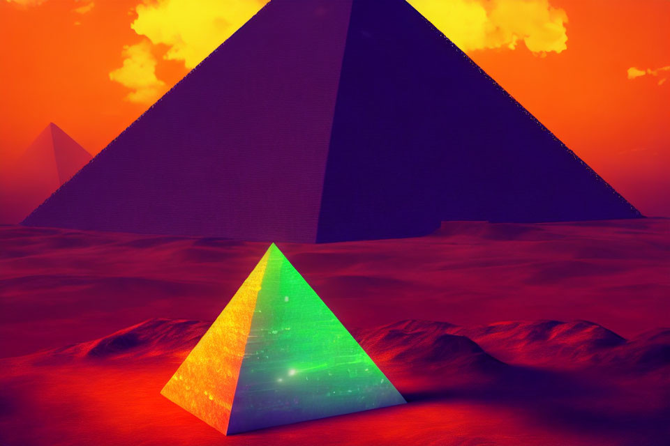 Digital art landscape with large pyramids under fiery sky