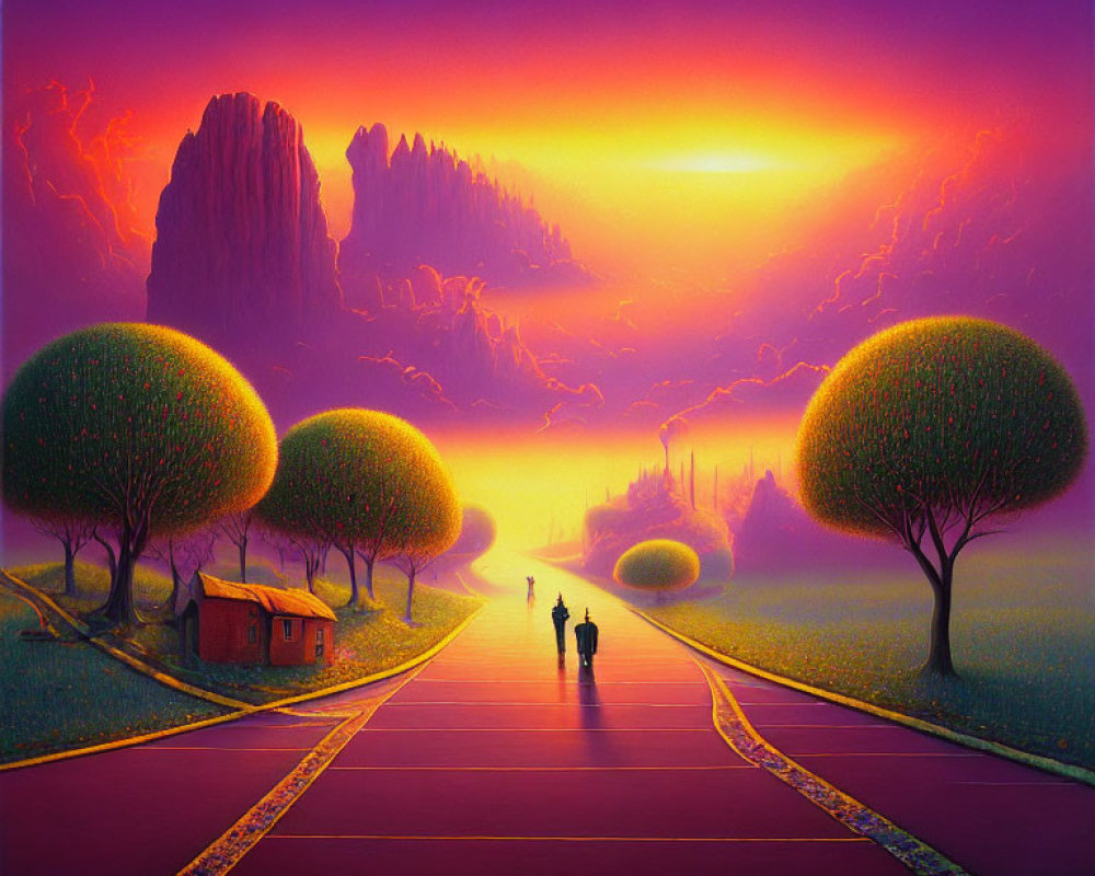 Surreal landscape with purple sky, orange sun, figures on checkerboard path, round trees,