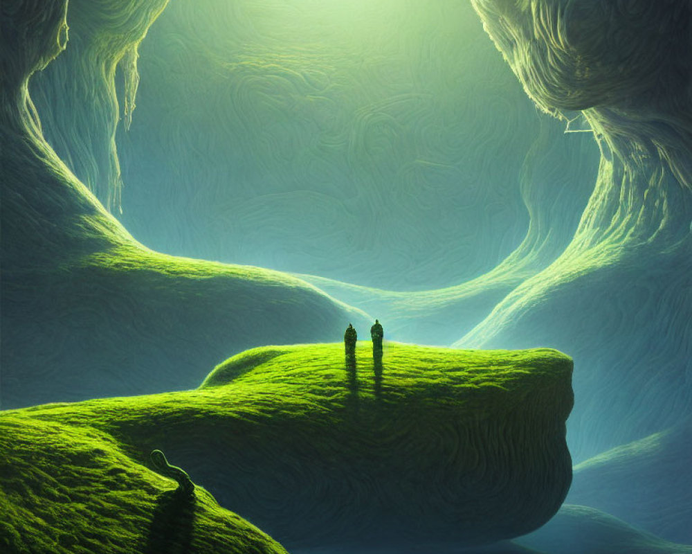 Silhouetted figures on lush green ledge overlooking surreal cavernous landscape