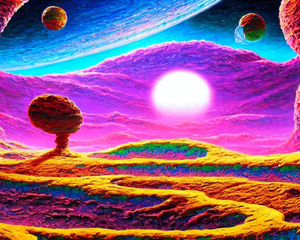 Colorful Psychedelic Landscape with Floating Spheres and Purple Terrain