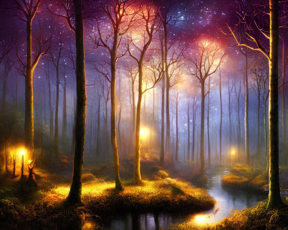 Purple Trees in Starlit Forest with Glowing Lanterns and Tranquil Stream