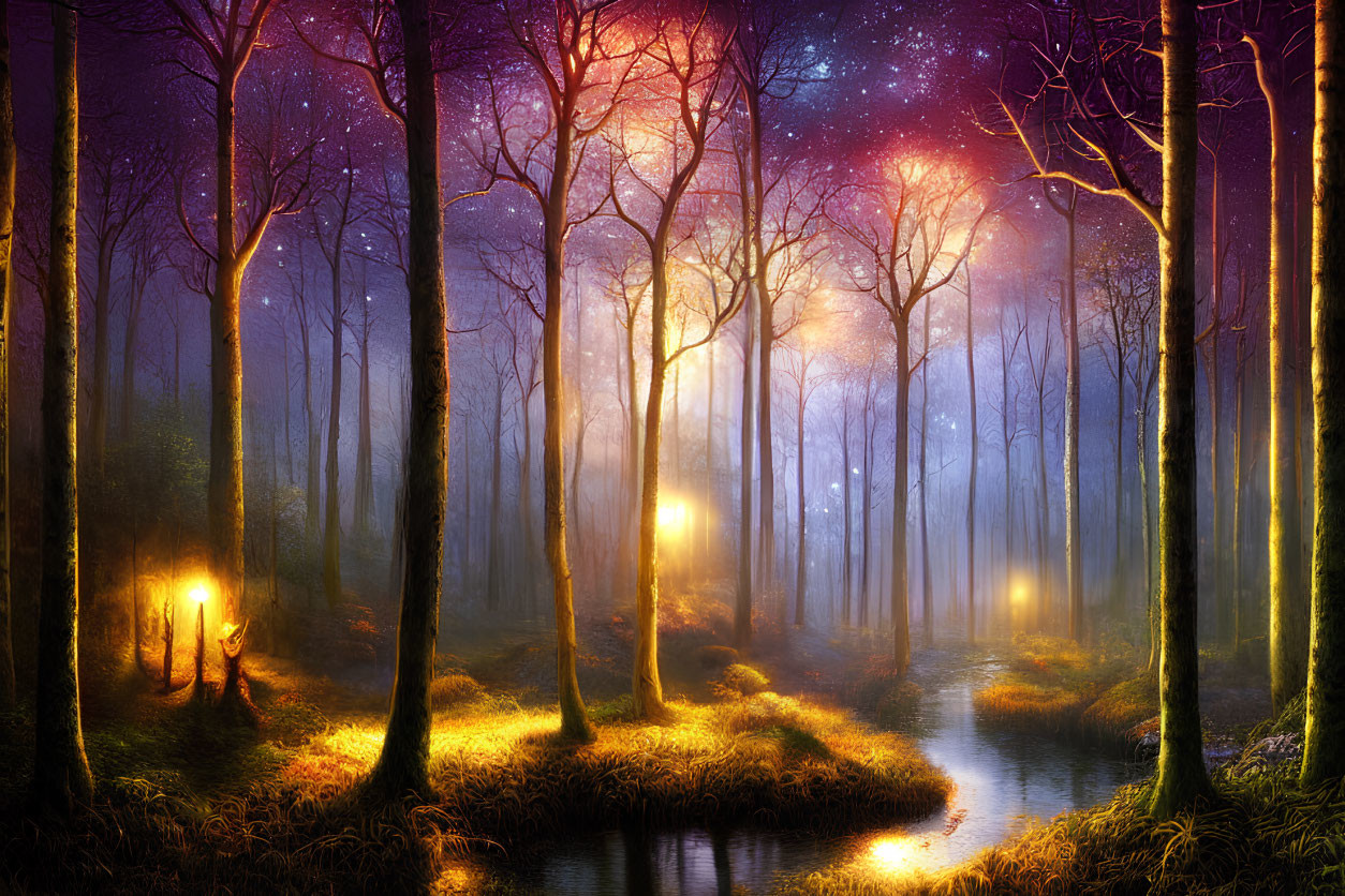 Purple Trees in Starlit Forest with Glowing Lanterns and Tranquil Stream
