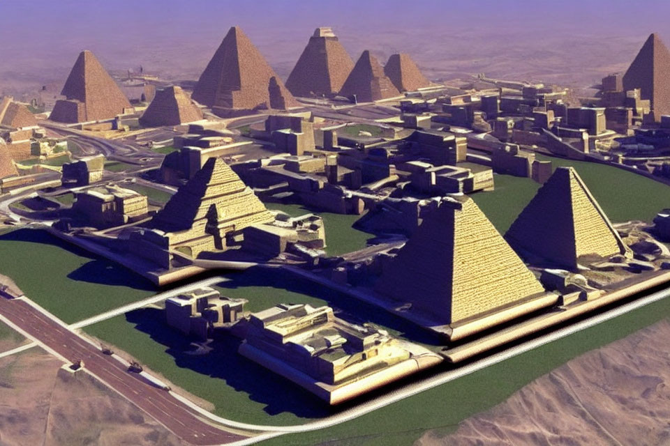 Ancient Egyptian pyramids in desert with roads and green areas