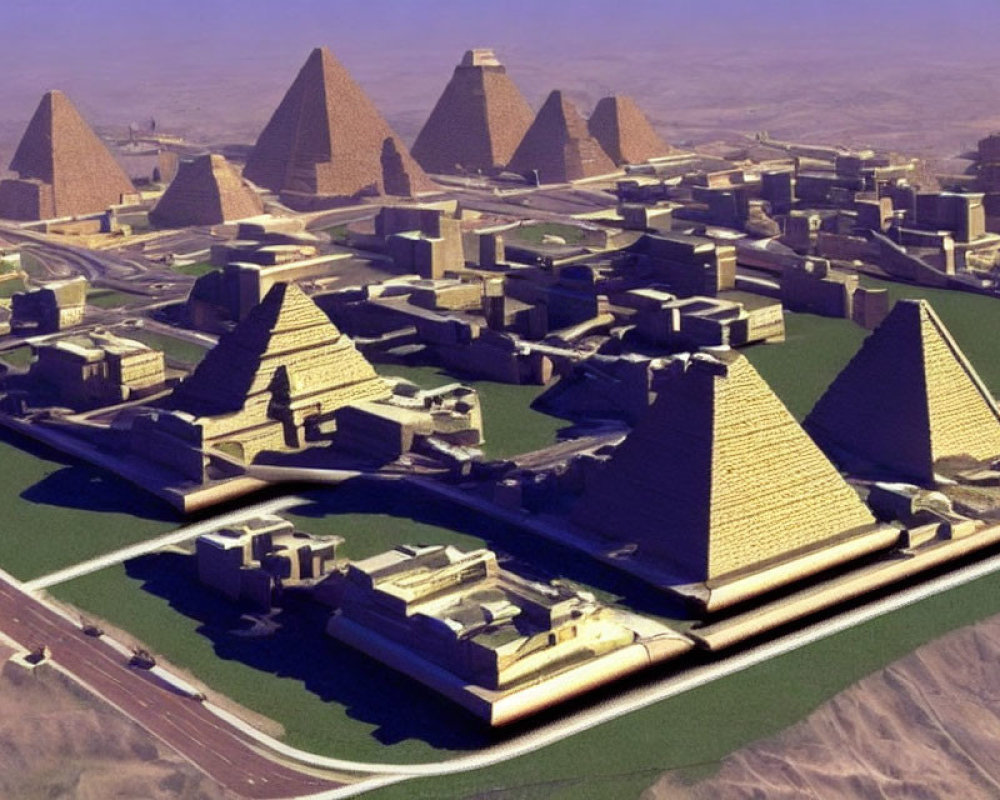 Ancient Egyptian pyramids in desert with roads and green areas