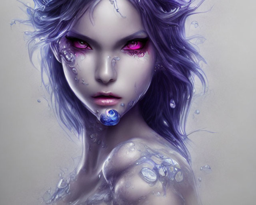 Fantastical female figure with purple hair and glowing pink eyes in water droplets and crystals on soft
