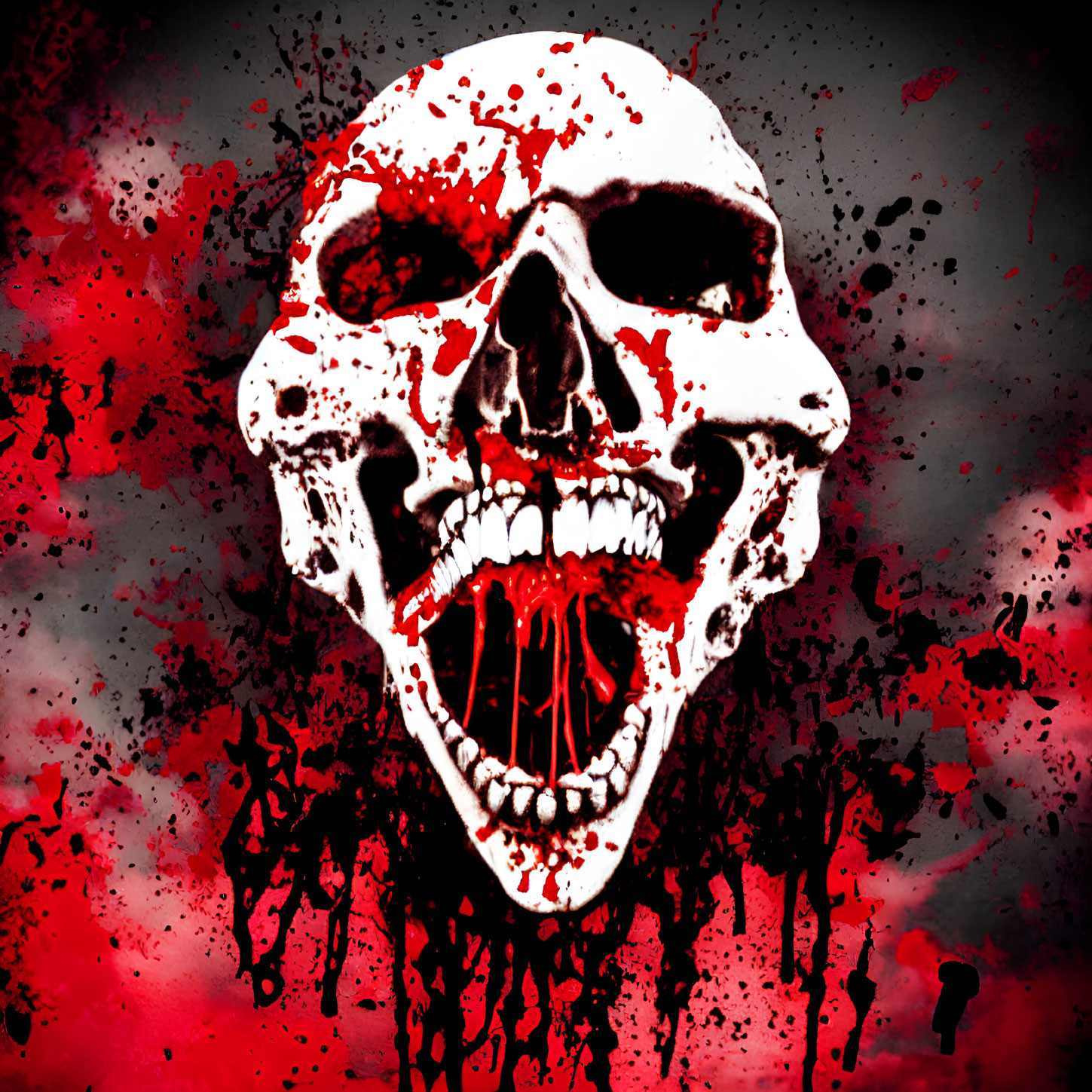 Vivid red and black skull graphic with splattered red effects