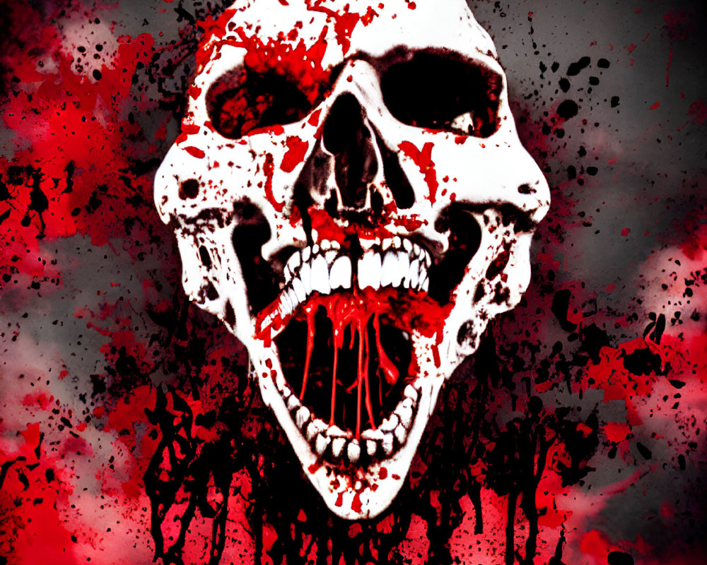Vivid red and black skull graphic with splattered red effects
