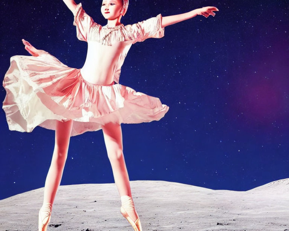 Graceful ballerina in pink costume dancing on moon-like surface amid starry sky