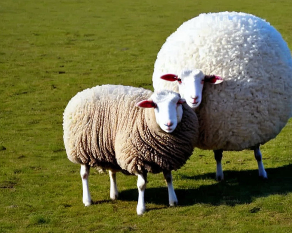 Fluffy white sheep with red ear tags on green grass