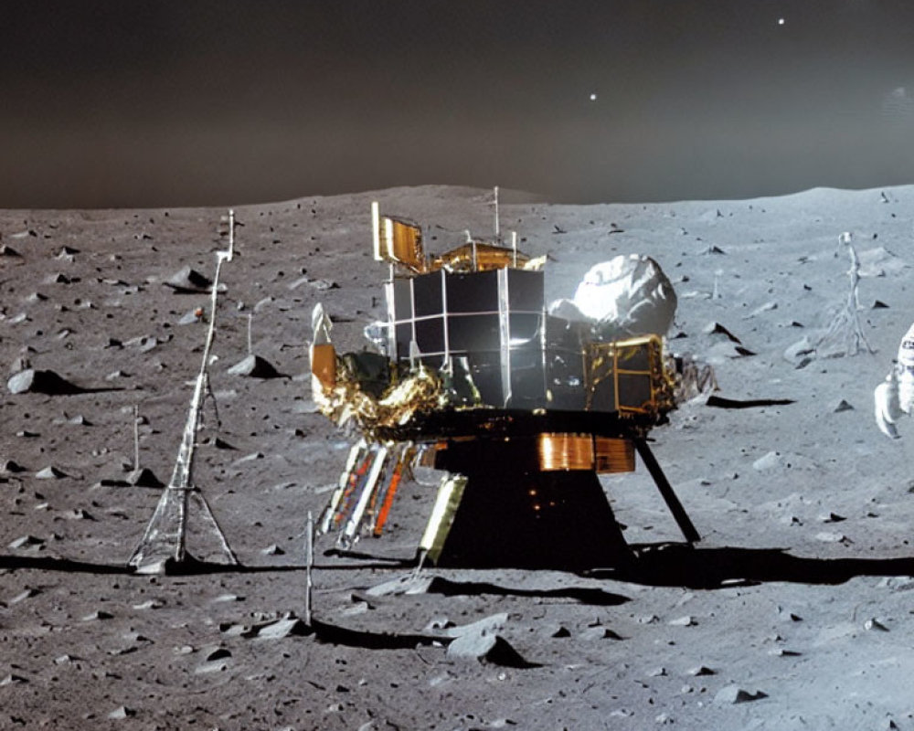 Astronaut and Lunar Module on Moon Surface with Stars