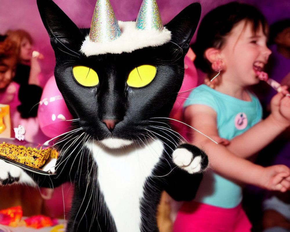 Black Cat in Party Hat Serves Cake at Children's Birthday Party