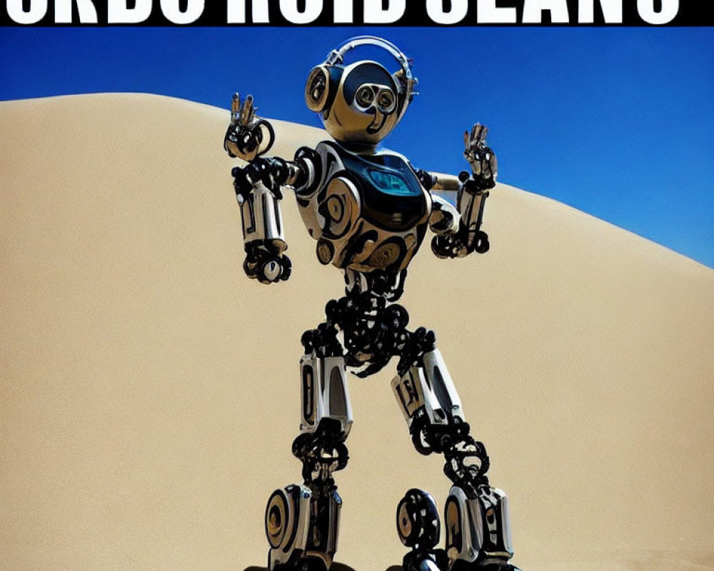 Futuristic humanoid robot on desert dune under clear sky with text "SRBC ROID SE