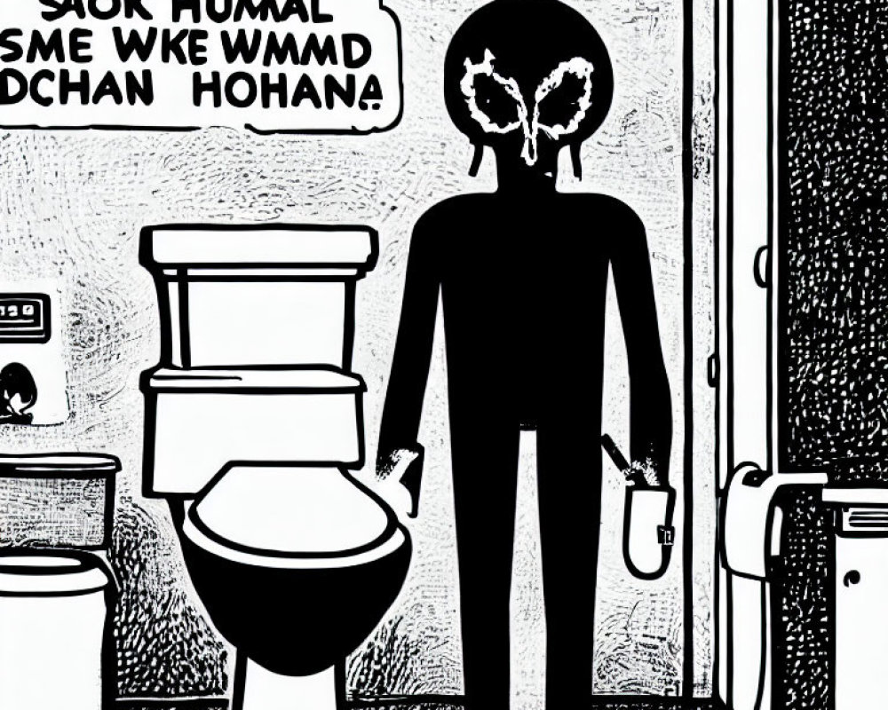 Monochrome alien illustration in bathroom with plunger and speech bubble