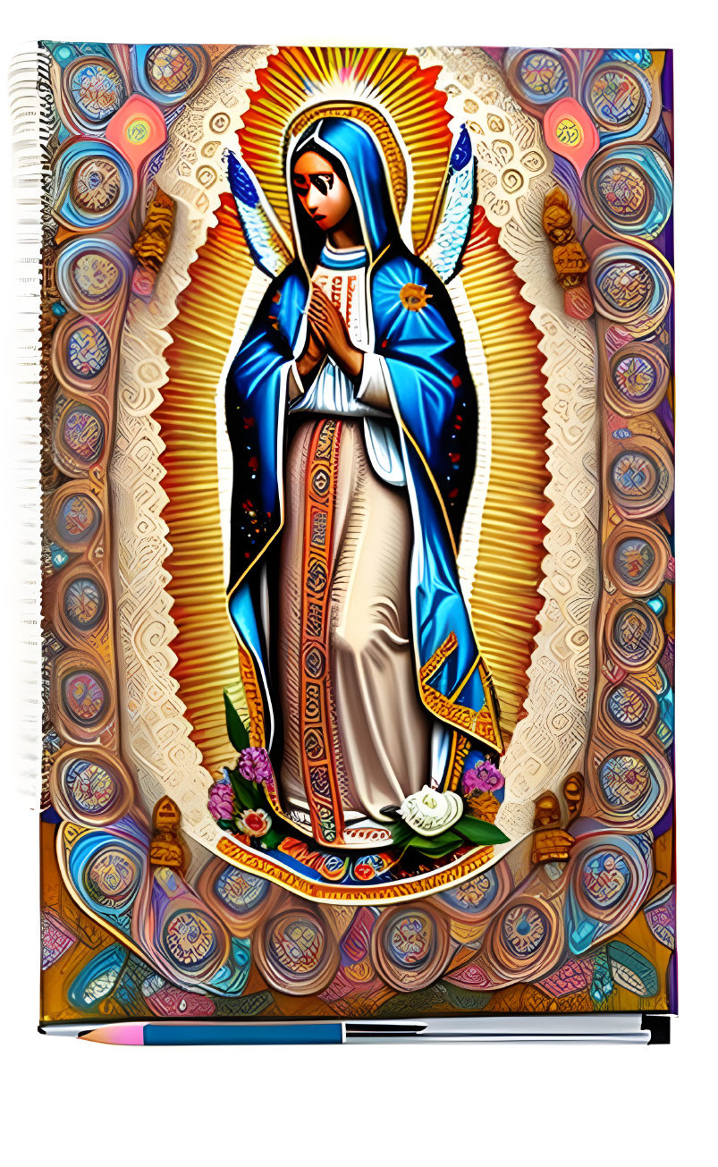 Detailed Virgin Mary graphic on vibrant folder.
