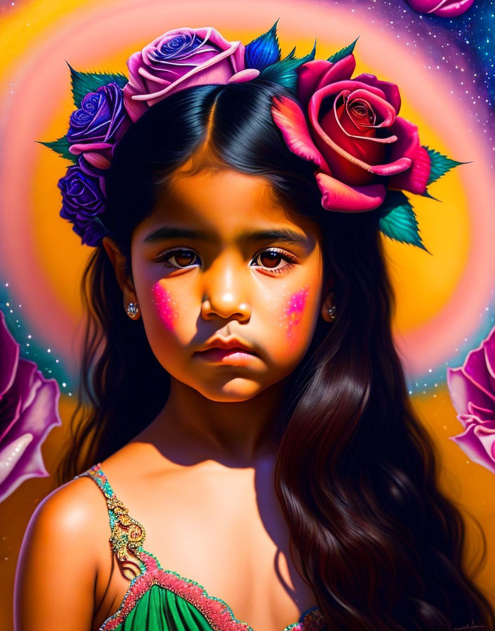 Young girl portrait with flowing hair and roses on vibrant cosmic background