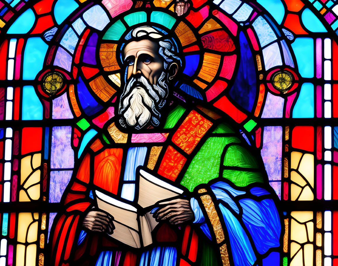 Colorful Bearded Figure in Robes Holding Book in Stained Glass