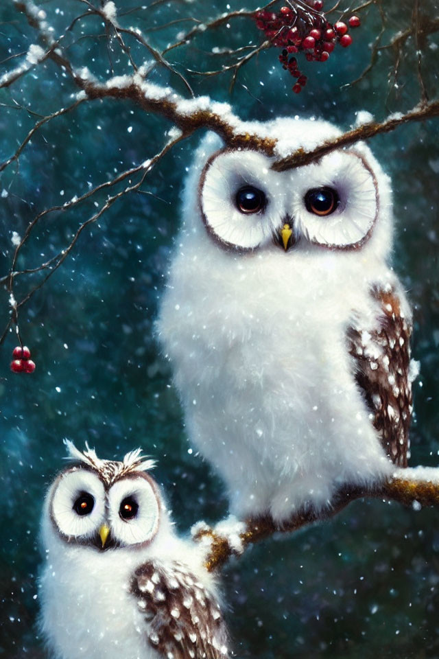 Stylized owls on snowy branch with expressive eyes