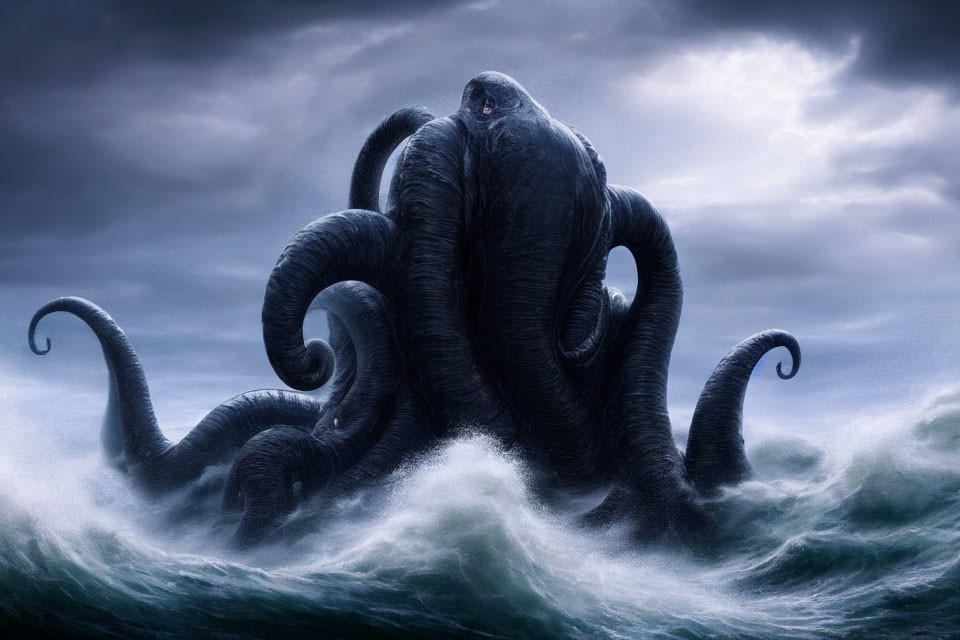 Giant octopus rises from stormy sea with towering tentacles