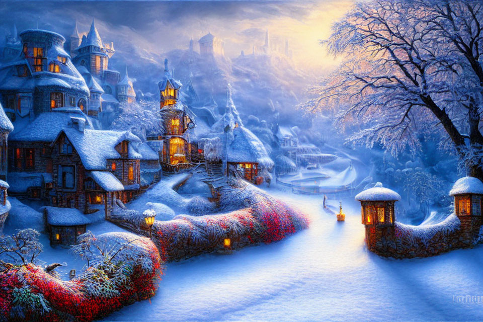 Illuminated Winter Village Scene with Snow-covered Trees