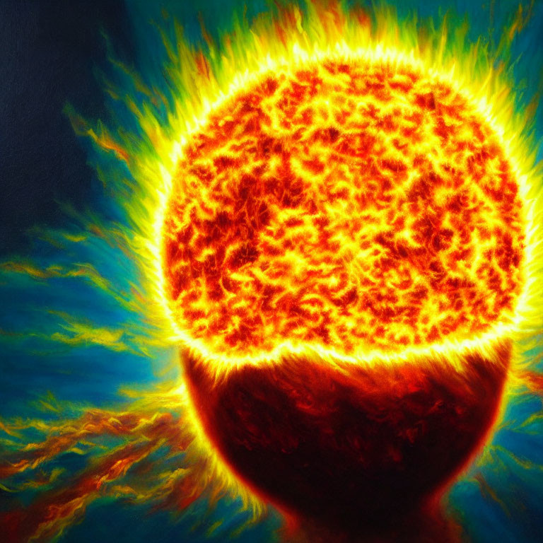 Detailed illustration of fiery sun surface and solar flares in space