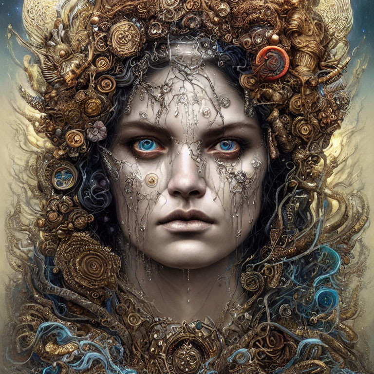 Intricate fantasy portrait of a woman with metalwork and clock components in her hair.