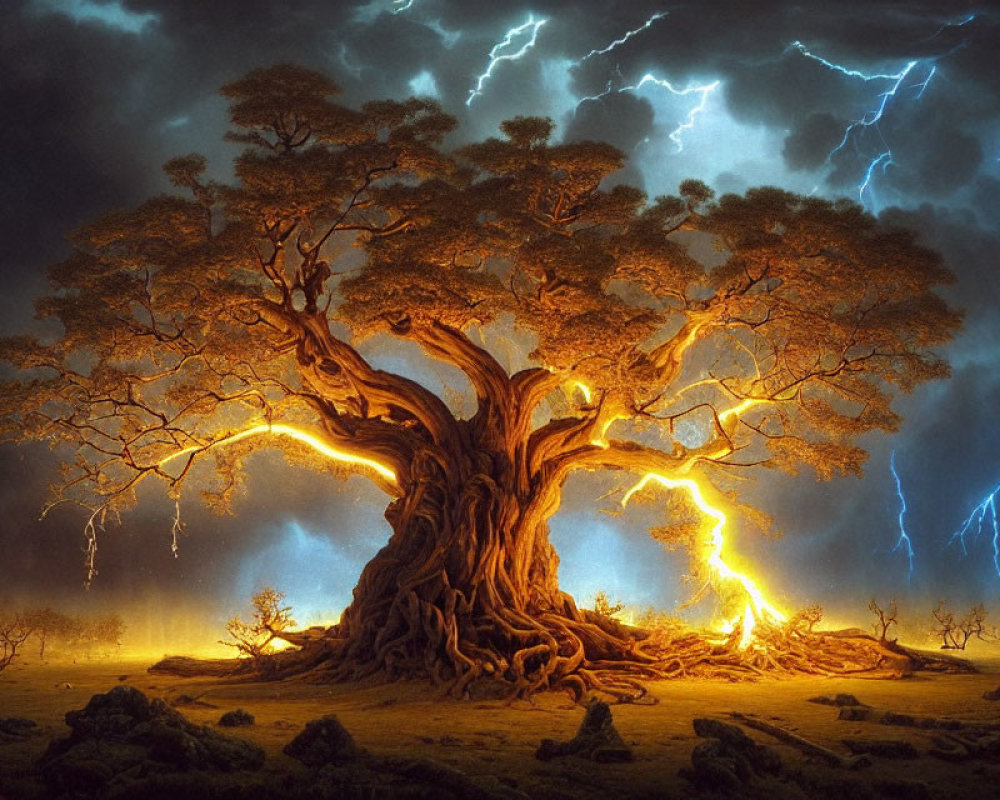 Majestic tree with thick roots under stormy sky and lightning strikes