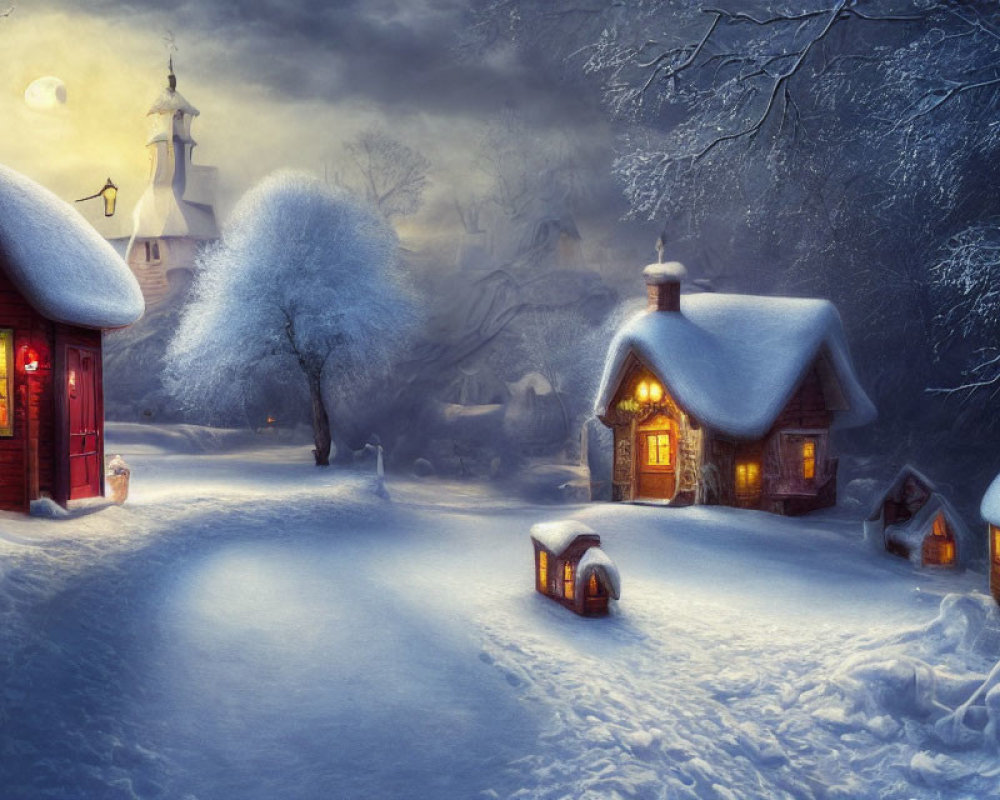 Snowy Winter Night: Cozy Houses, Full Moon, Church Spire