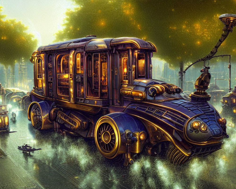 Fantastical steam-powered bus in retro-futuristic cityscape at dusk