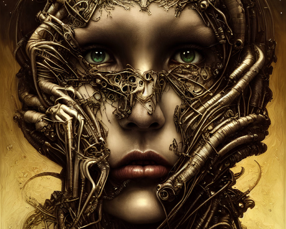 Woman with intricate metallic filigree and green eyes on golden backdrop