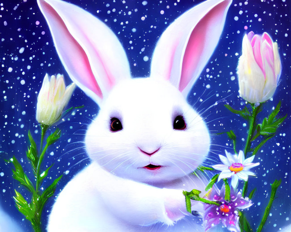Whimsical white rabbit surrounded by flowers under starry sky