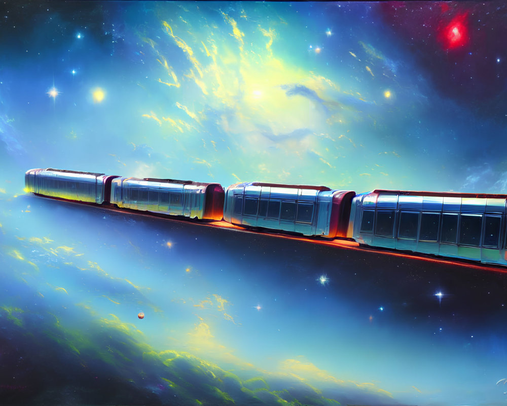 Futuristic space train in vibrant cosmic landscape with nebulas and planets