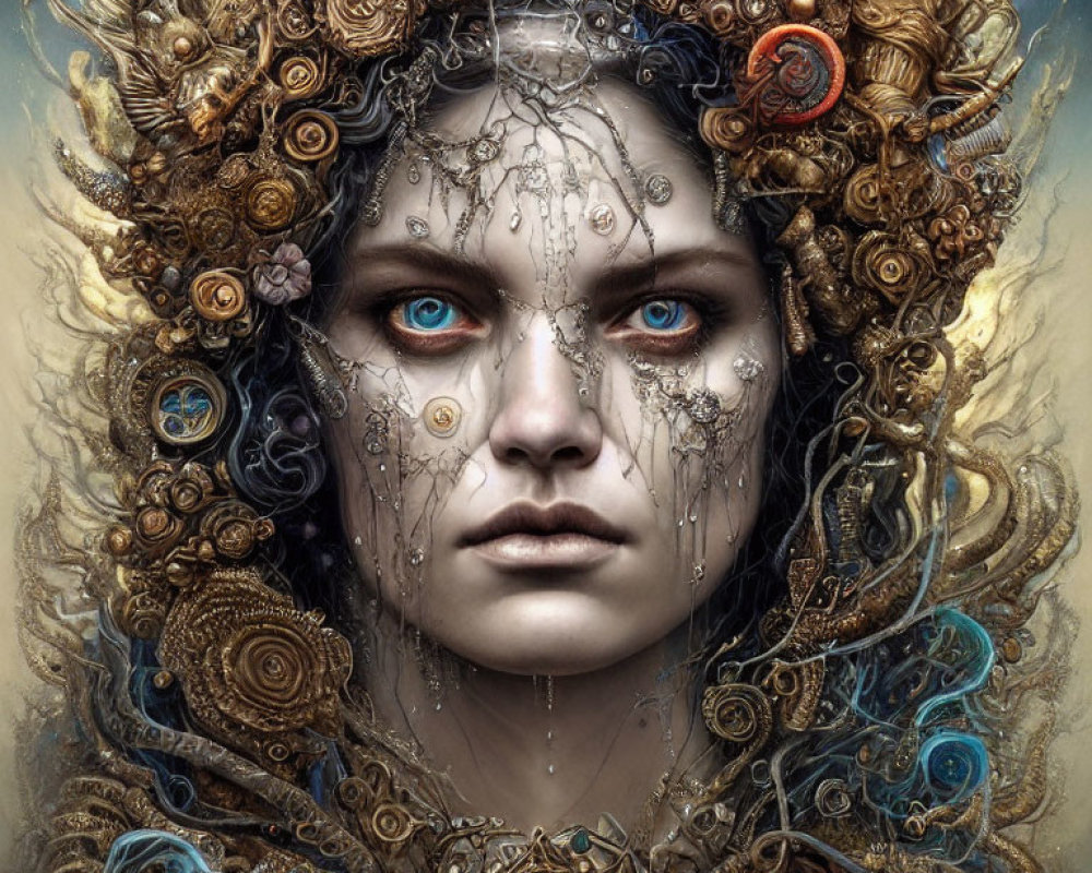 Intricate fantasy portrait of a woman with metalwork and clock components in her hair.