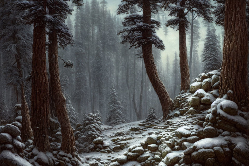 Snow-covered forest with tall pine trees and misty path.