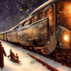 Snow-covered vintage train with people and dog at platform.