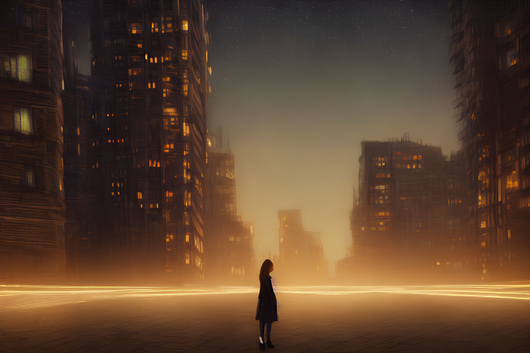 Lonely figure in urban night scene with starry sky and glowing light trails.