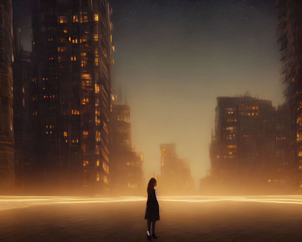 Lonely figure in urban night scene with starry sky and glowing light trails.